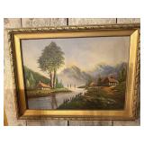 MCM Lakeside Cabin Oil on Canvas Painting - 24x31"