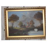 Vtg. Oil Painting of Rural Landscape w/Windmill