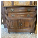Vintage Wood Cabinet w/2 Drawers, Storage & Wheels