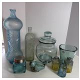 8 Interesting Glass Bottles, Jars, Vases & a Bird