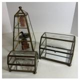 3 Small Brass and Etched Glass Display Boxes
