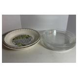 Four Vintage Clear Pyrex and two Recipe Pie Plates