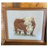 Vtg Framed Needlepoint of Hereford Cow 15x16"