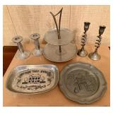 Assorted Pewter and Steel Trays and Candlesticks