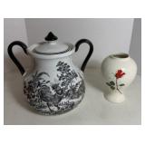 Black & White Lidded Rooster Container & Sm. Vase