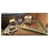 Vtg. Metal Floral Tray, Timex Clock and More