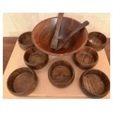 Walnut Salad Bowl and 8 Antique Oak Bowls
