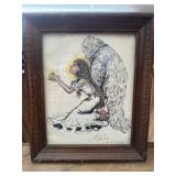 Original Pen And Ink Drawing Of Kneeling Angel