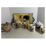 Assorted Ceramic Rooster Platter, Mugs and Teapots