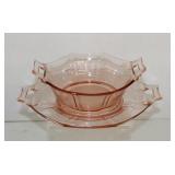 Vtg. Pink Dep. Glass Handled Bowl w/Underplate