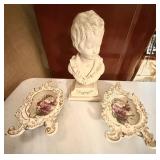 9.5 Inch Bust & 2 Vtg Floral Trinket Dishes