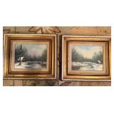 Two Vtg. Snowy Cabin Landscape Oil Paintings 16x14