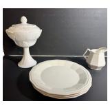 Milk Glass Pitcher and White Compote and Plates