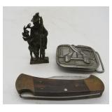 Vtg. Brass Figurine, Pewter Buckle and Buck Knife