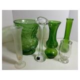 Six Vintage Green and Clear Glass Vases