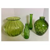 Four Pretty Vintage Green Glass Vases
