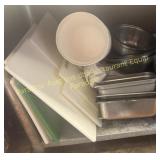 set of cutting boards, SS bowls, PANS