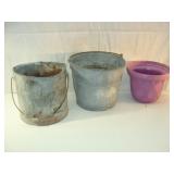 Two Planter Pails and Purple Container
