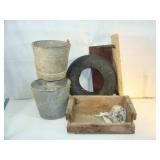 Two Galvanized Pails, Tire and Extra