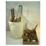 Casters and Pail of Metal Pieces