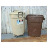 Tan RUBBERMAID and Brown Waste Bins