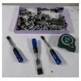 Sockets and Tape Measure and 3 New Chisels
