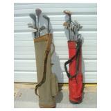 Red and Gray Bags of Golf Clubs