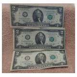 Three $2 Bills Consecutive Serial Numbers