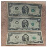 Three $2 Bills -0720, 8829, 9161