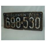 1939 WISCONSIN License Plate