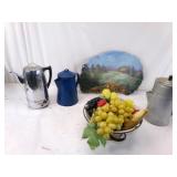 Coffe Pots. Painted Mushroom and Fruit Bowl