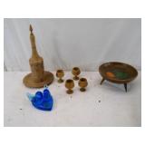 Blue Birds and Wooden Bowl and Wine Service