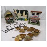 Welcome Sign, Leaves, Cow and Houses