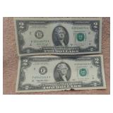 Two 2 Dollar Bills - 6072 and 1019