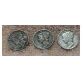 Three Silver Mercury DImes