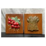2 plaster vegetable wall plaques