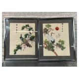 Pair of Asian silk embroidery, framed, peacock &