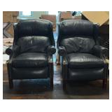 Pair of leather wingback, reclining chairs, navy