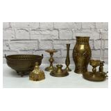 Brass candlesticks, bell, basket