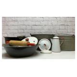 Vintage enamelware, buckets, rolling pin