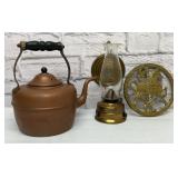 Copper Kettle, brass trivet, oil lamp