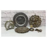 VTG pewter plate, trivets, book end, paperweight