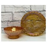 Marigold Carnival glass bowl, eagle plate