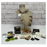 Assorted costume, jewelry, display, alarm clock