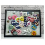VTG pinback buttons in display case