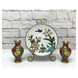 VTG CLOISONNÉ CHRYSANTHEMUM VASES, PLATE