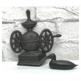 Cast-iron duck, paperweight, and coffee mill