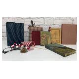 Assorted books, reading glasses