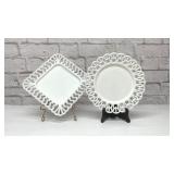 2 reticulated milk glass plates 9