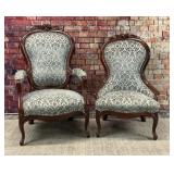 Victorian parlor chair pair, gentlemen and ladies